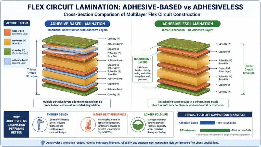 Flex PCB materials selection guide chart balancing temperature, high frequency, and cost priorities for AI server and automotive designs.