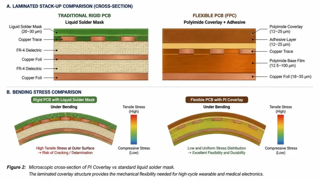 Flex PCB materials layer stack-up and bending stress analysis comparing flexible polyimide coverlay with traditional rigid PCB liquid solder mask.