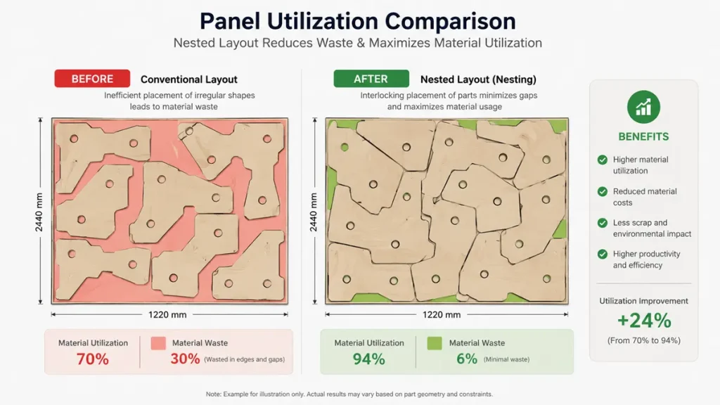 Panel utilization comparison showing a conventional layout with 30% material waste versus an optimized nested layout maximizing efficiency to 94% for flex PCBs.