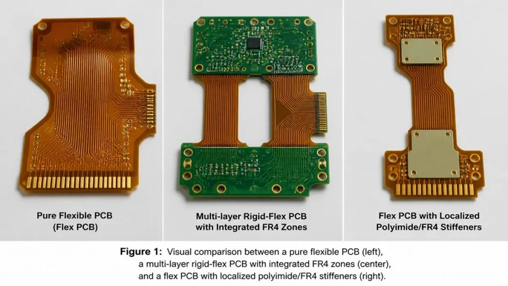 Side-by-side comparison of a pure flexible PCB, a multi-layer rigid-flex PCB, and a flex PCB with stiffeners.