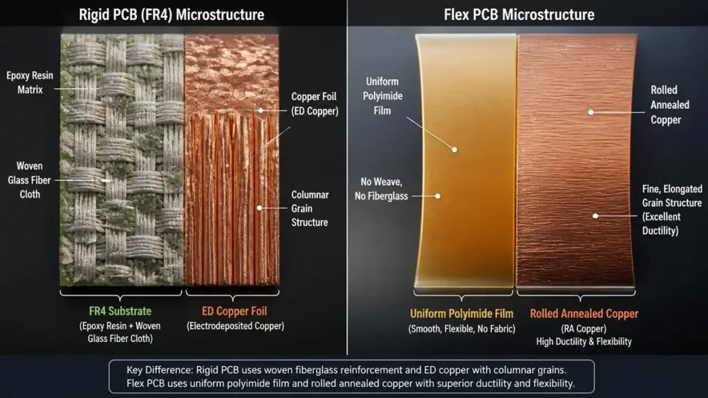 Microstructure comparison layout showing Rigid PCB with FR4 woven glass fiber and ED copper on the left, and Flex PCB with uniform polyimide film and rolled annealed copper on the right.