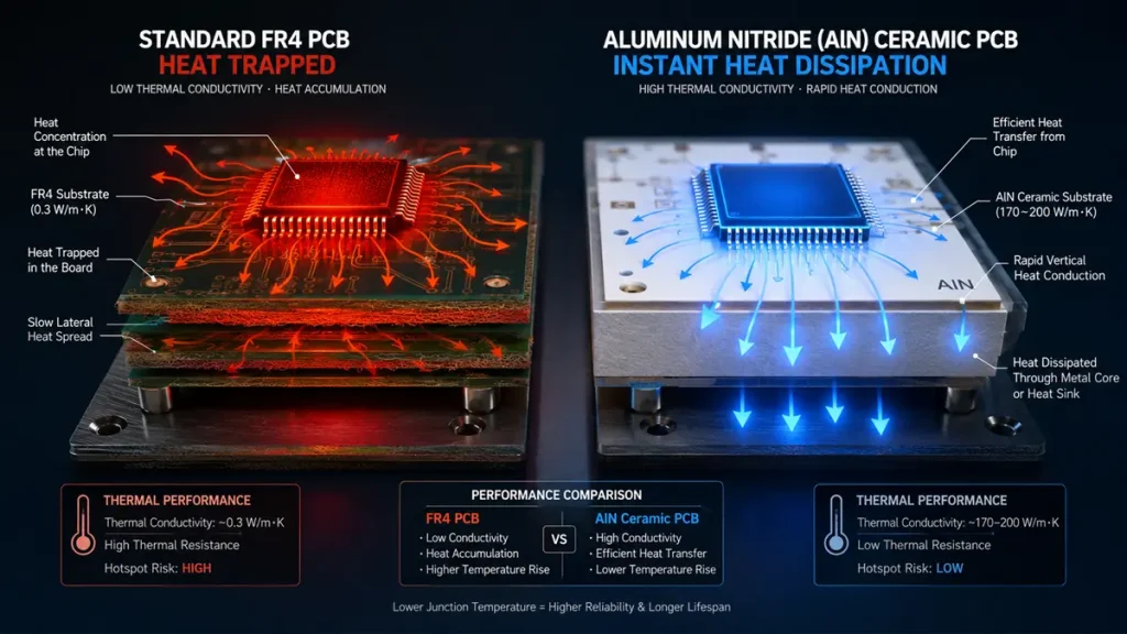 Thermal performance comparison diagram between Standard FR4 PCB (0.3 W/mK) and Aluminum Nitride (AlN) Ceramic PCB (170-200 W/mK) showing heat dissipation pathways.