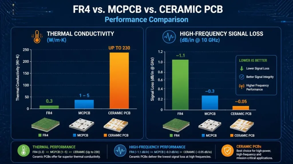 A technical infographic comparing the performance of FR4, MCPCB, and Ceramic PCBs using side-by-side bar charts. The left chart displays thermal conductivity, showing Ceramic PCB reaching up to 230 W/m·K compared to FR4 at 0.3 W/m·K. The right chart illustrates high-frequency signal loss at 10 GHz, highlighting Ceramic PCB's ultra-low loss of 0.05 dB/in against FR4's 1.1 dB/in.
