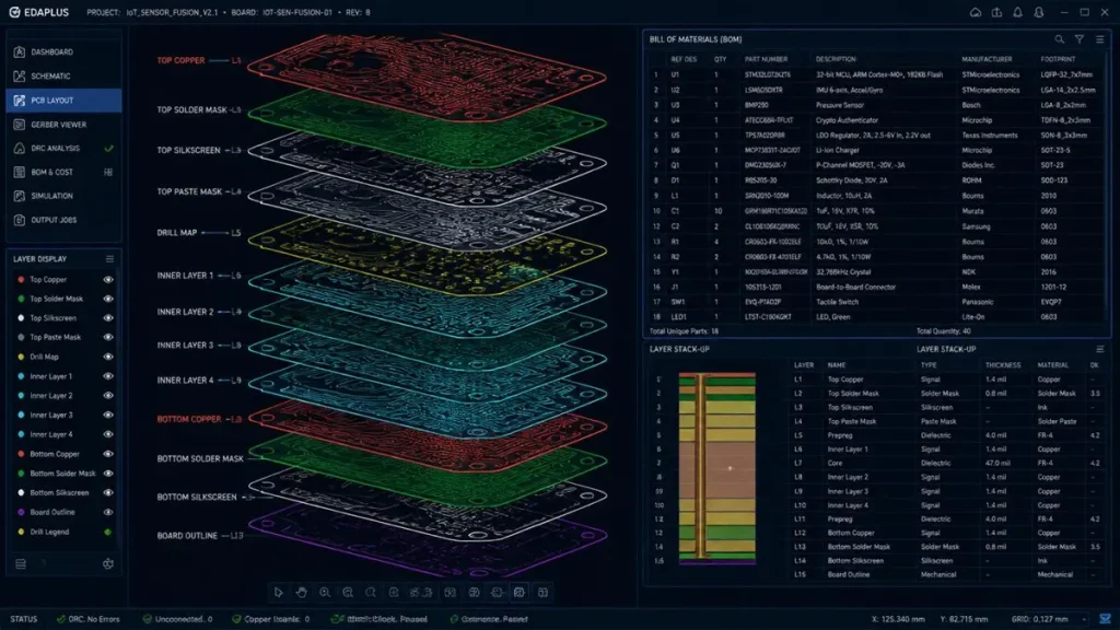 An engineering workstation display showing an organized stack of Gerber layers, a detailed Bill of Materials (BOM), and a layer stack-up chart necessary for requesting an accurate Copper Base PCB Quote.