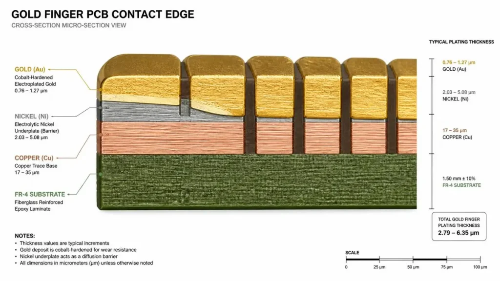 Cross-section micro-section view of a Gold Finger PCB showing FR-4 substrate, copper trace, electrolytic nickel barrier layer, and cobalt-hardened electroplated hard gold contacts.