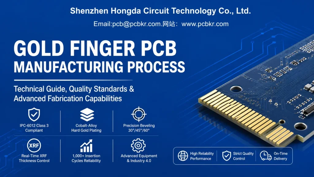 Comprehensive breakdown of gold finger PCB manufacturing process featuring IPC Class 3 standards, cobalt-alloy hard gold plating, and precision beveling capabilities by Hongda Circuit.