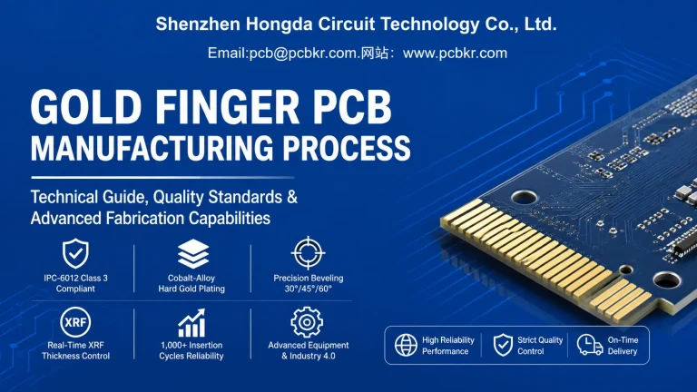 Comprehensive breakdown of gold finger PCB manufacturing process featuring IPC Class 3 standards, cobalt-alloy hard gold plating, and precision beveling capabilities by Hongda Circuit.