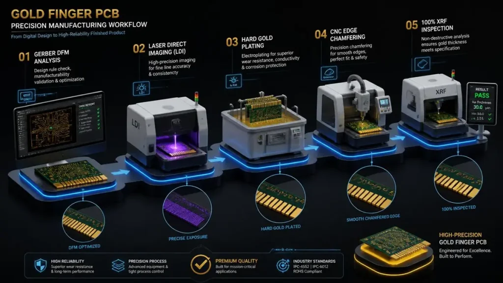3D isometric infographic illustrating the 5-step Gold Finger PCB manufacturing process: Gerber DFM analysis, Laser Direct Imaging (LDI) exposure, Hard Gold Plating bath, CNC edge chamfering, and 100% XRF thickness inspection.