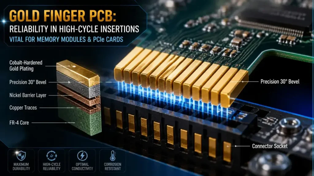 Detailed 3D diagram of a Gold Finger PCB showing hard gold plated edge connectors with a precision 30-degree bevel, data transfer light effects entering a connector socket, and a cross-section highlight of FR-4 core, copper traces, nickel layer, and gold plating.