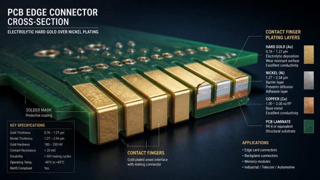 3D cross-section diagram of hard gold PCB edge connector showing gold, nickel, copper plating layers and technical specifications