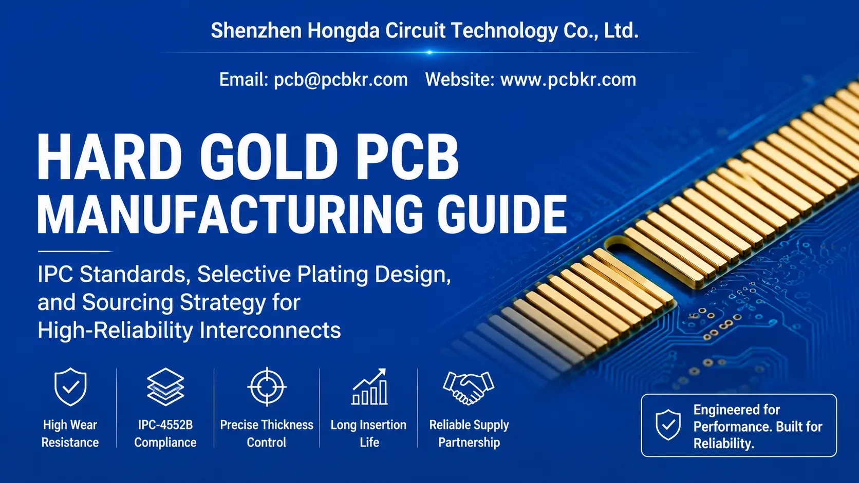 Hard Gold PCB Manufacturing Guide cover image by Shenzhen Hongda Circuit, highlighting IPC-4552B standards and selective plating.