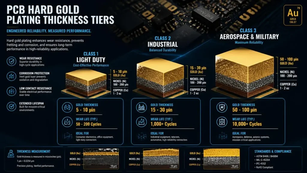 Infographic showing PCB hard gold plating thickness tiers: Class 1 (5-10 uin), Class 2 Industrial (15-30 uin), and Class 3 Aerospace (50-100 uin) with insertion cycle lifespan.