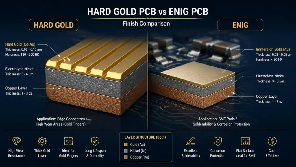 3D micro-section diagram comparing Hard Gold PCB vs ENIG finish layer structure, gold hardness (130-200 HK vs <90 HK), and nickel underlayers.