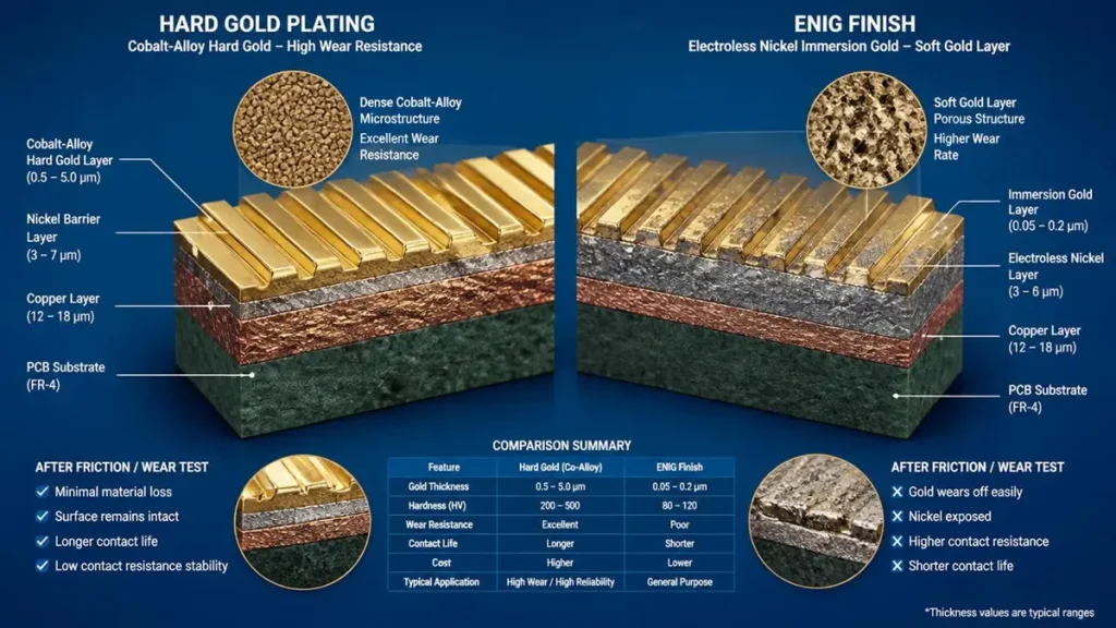 3D cross-section diagram comparing Cobalt-Alloy Hard Gold plating and ENIG finish on PCB gold fingers, showing layer structures, friction wear test results, and material thickness specifications.