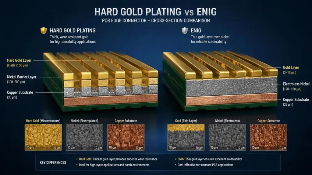 3D technical graphic diagram showing a cross-section comparison between Hard Gold plating and ENIG on PCB edge connectors, detailing copper substrate, nickel barrier layer, gold thickness, and microstructures.