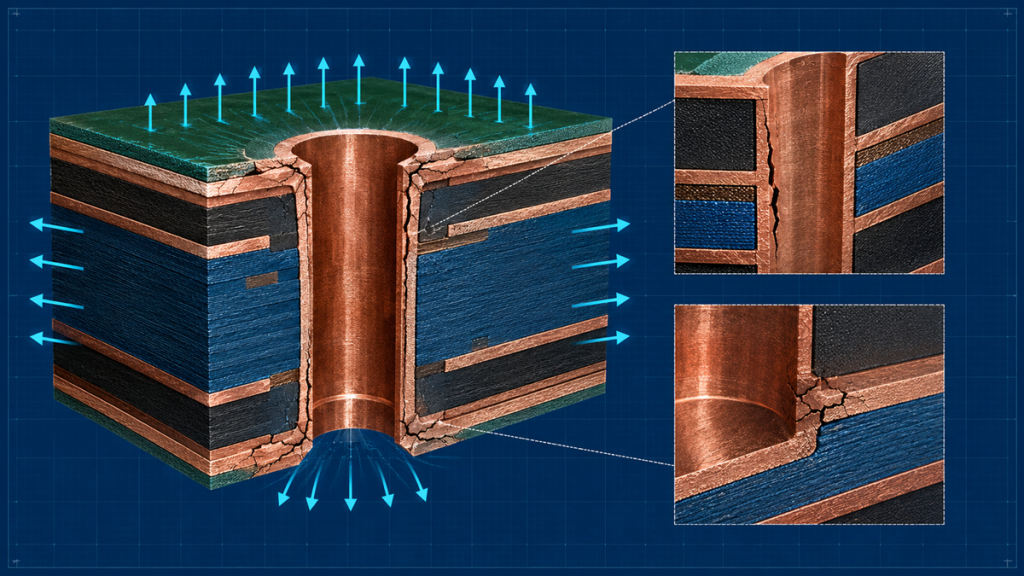 3D microsection diagram of HDI PCB microvia failure modes showing barrel crack and corner crack under thermal stress