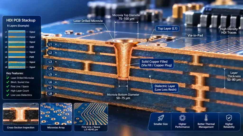 3D cross-section diagram of 8-layer HDI PCB stackup showing laser drilled microvia filled with copper by Hongda Circuit