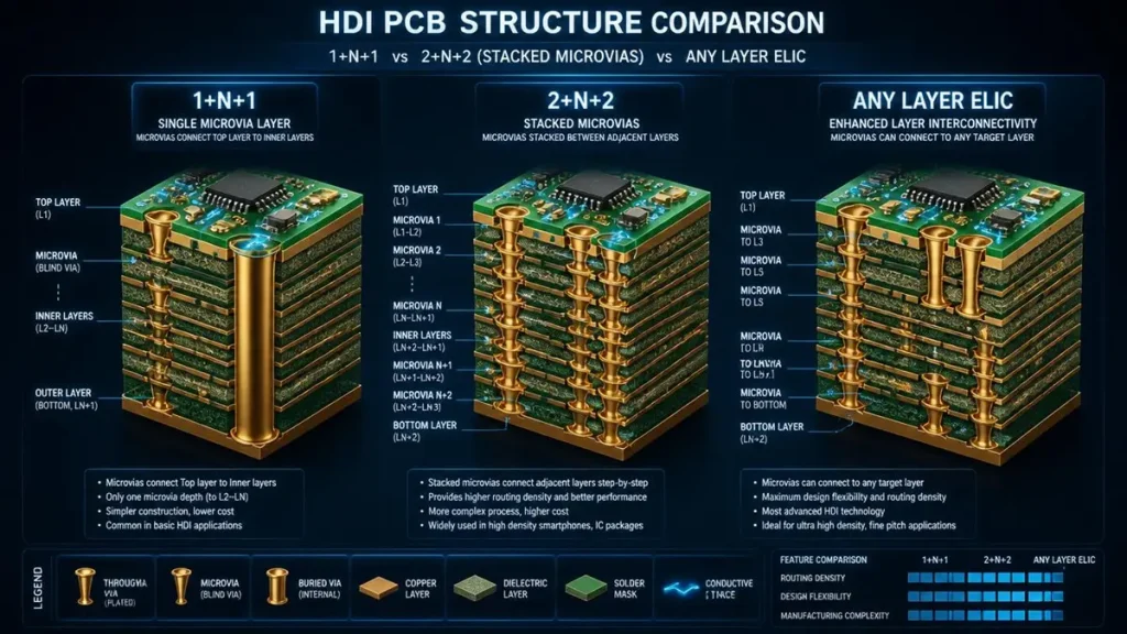3D technical infographic comparing HDI PCB stackup structures: 1+N+1 vs 2+N+2 stacked microvias vs Any Layer ELIC by Hongda Circuit