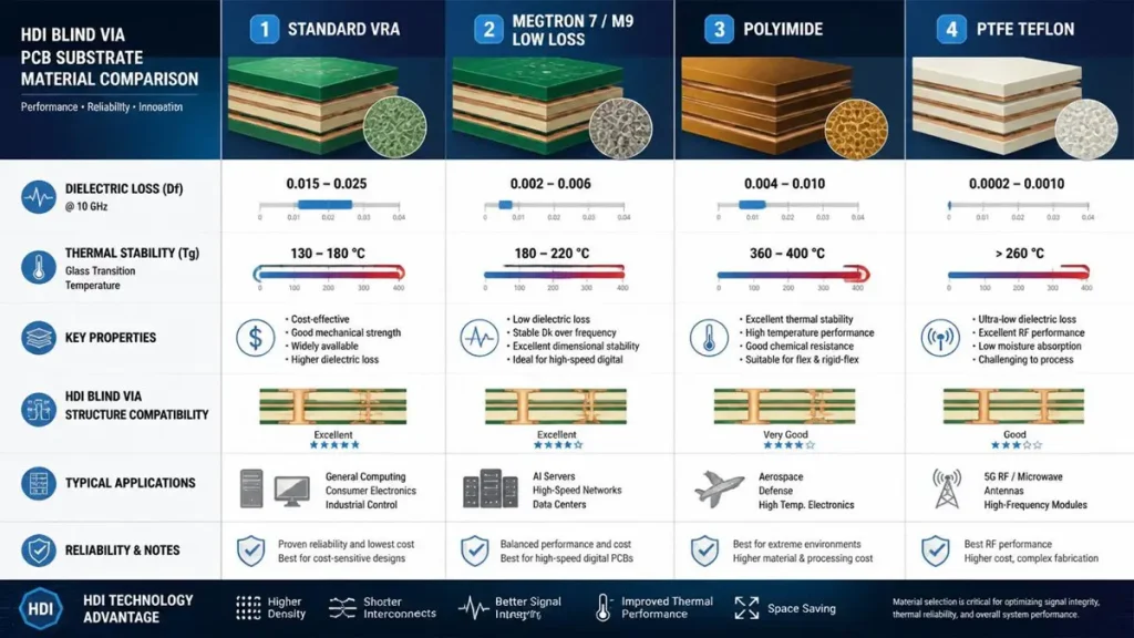 Technical infographic matrix comparing four PCB substrate materials for HDI blind via technology: Standard FR4, Megtron 7/M9 Low Loss, Polyimide, and PTFE Teflon, highlighting dielectric loss (Df), thermal stability (Tg), key properties, and applications like AI servers and 5G RF.
