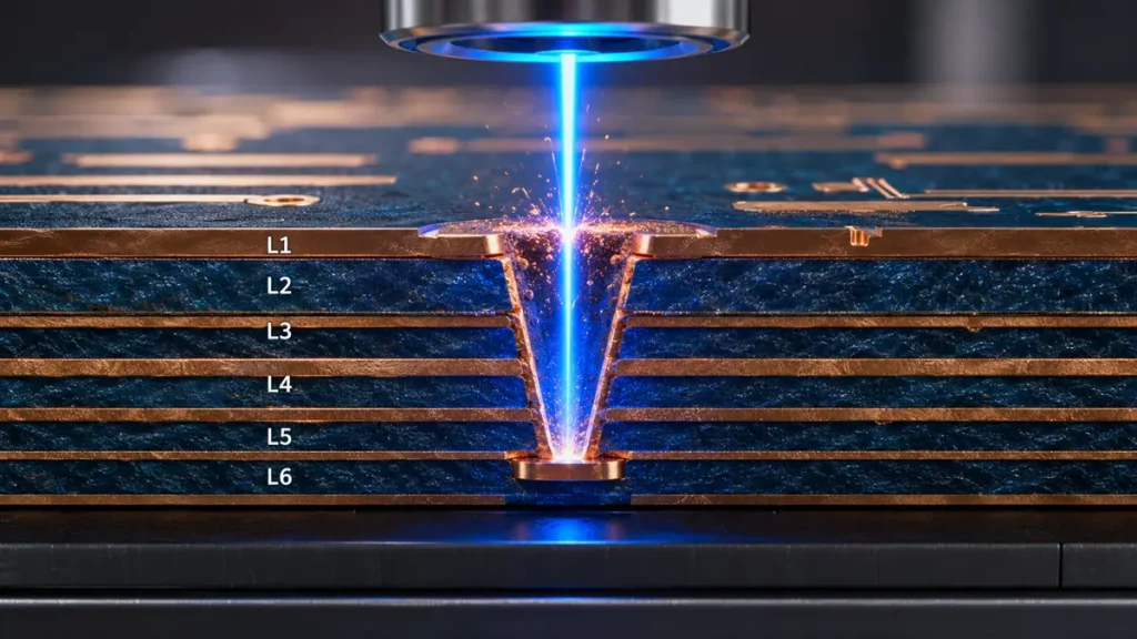 Photorealistic 3D ultra-macro cross-section view of a 6-layer HDI PCB stackup during the UV laser drilling process, showing a bright blue laser beam vaporizing a microvia into the dielectric resin and terminating at an inner copper landing pad.