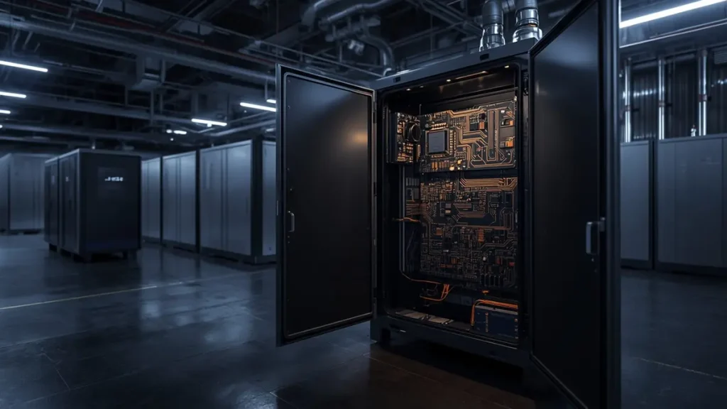 Open-chassis view of an industrial power converter showing an installed heavy copper aluminum PCB for high-current handling.