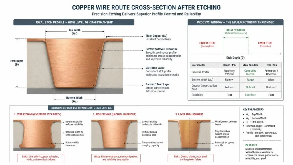 Technical diagram of thick copper PCB wire route cross-section after etching. Shows ideal trapezoidal profile with perfect sidewall curvature versus defective states including over etching, lateral undercut, and layer misalignment.