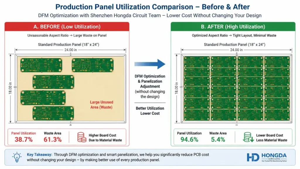 Before and after production panel utilization comparison by Shenzhen Hongda Circuit to optimize heavy copper pcb 4 layer power supply cost per board