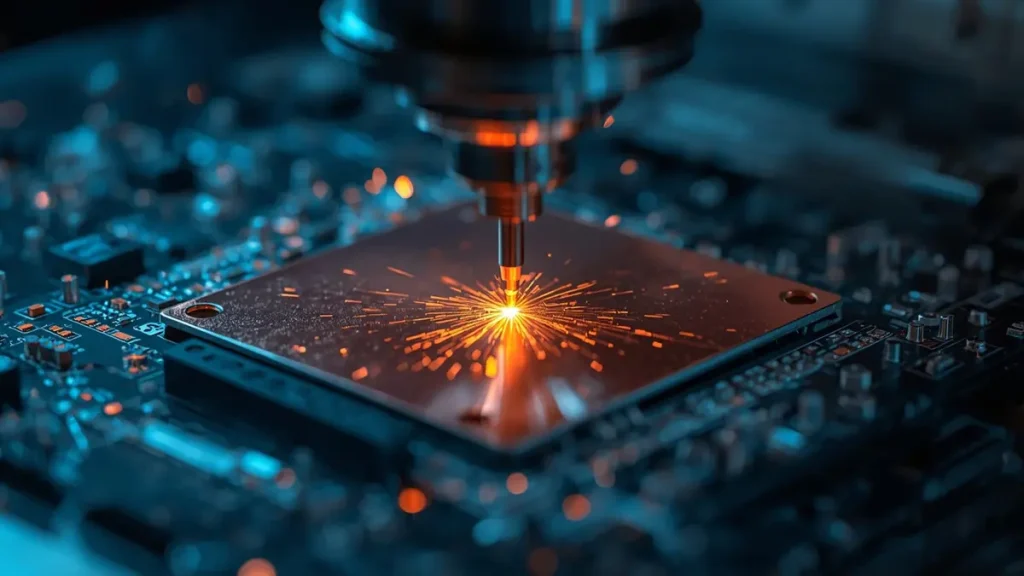 A close-up macro shot of heavy copper base PCB procurement guide illustration, showing high-precision CNC milling machine routing a 6oz copper plate with clean edges.