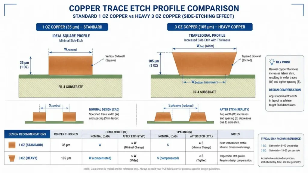 A technical PCB design diagram from a copper base PCB manufacturer comparing a standard 1 oz copper trace showing a square profile to a heavy 3 oz copper trace showing a trapezoidal profile caused by side-etching, complete with trace width and spacing compensation guidelines.