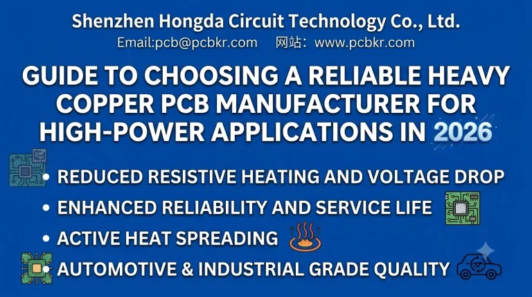 Blue background cover image with white text titled 'GUIDE TO CHOOSING A RELIABLE HEAVY COPPER PCB MANUFACTURER FOR HIGH-POWER APPLICATIONS IN 2026'. Features top-centered company info for 'Shenzhen Hongda Circuit Technology Co., Ltd.', Email: pcb@pcbkr.com, and website: www.pcbkr.com. Includes key bullet points on heavy copper PCB benefits with circuit and automotive icons.