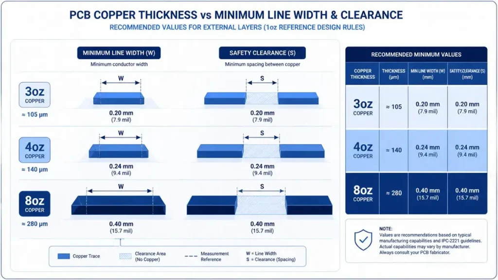 A technical engineering infographic showing the recommended minimum line width (W) and safety clearance (S) for heavy copper PCBs. Features 3D cross-sectional illustrations and a comprehensive data table covering 3oz (105µm) copper at 0.20mm (7.9 mil), 4oz (140µm) copper at 0.24mm (9.4 mil), and 8oz (280µm) copper at 0.40mm (15.7 mil) according to IPC-2221 guidelines.
