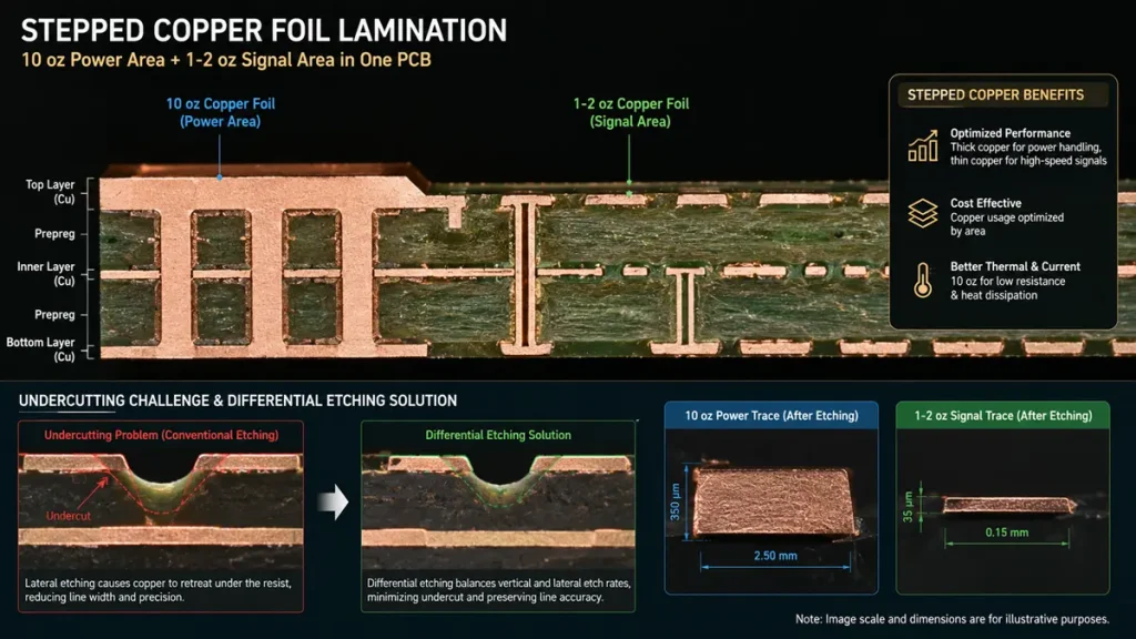 A technical infographic and PCB cross-section diagram showcasing 'STEPPED COPPER FOIL LAMINATION' for heavy copper PCB manufacturers. The top half displays a macro cross-section view of a multi-layer PCB containing a 10 oz copper foil power area next to a 1-2 oz copper foil signal area on the same layer. The bottom half details the 'Undercutting Challenge' of conventional etching versus the 'Differential Etching Solution' that preserves line width, along with dimensioned micro-views of a 10 oz power trace (350 μm thick, 2.50 mm wide) and a 1-2 oz signal trace (35 μm thick, 0.15 mm wide)