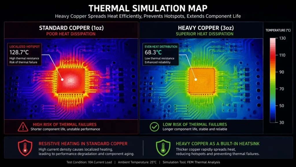 A thermal simulation map and infrared thermography infographic titled 'THERMAL SIMULATION MAP'. It contrasts a 1oz standard copper PCB exhibiting poor heat dissipation with a localized hotspot of 128.7°C, against a 3oz heavy copper PCB acting as a built-in heatsink to achieve even heat distribution at 68.3°C under a 10A current load, demonstrating prevention of thermal failure.