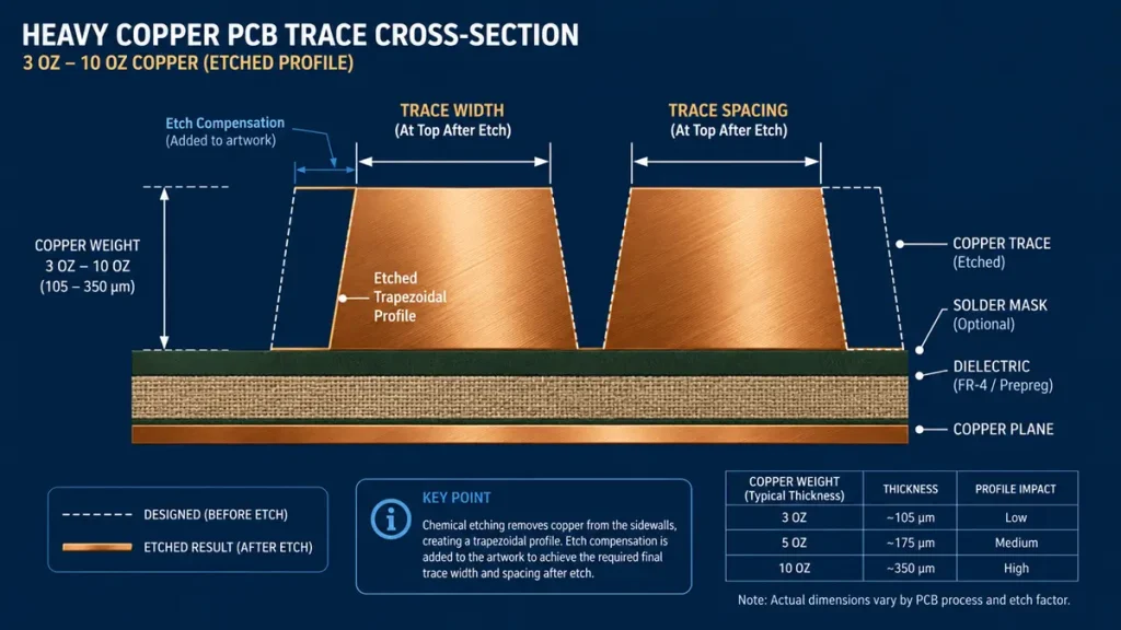 Cross-section schematic of a heavy copper PCB trace (3 oz to 10 oz) showing trapezoidal etch profile and etch compensation dimensions for manufacturing.