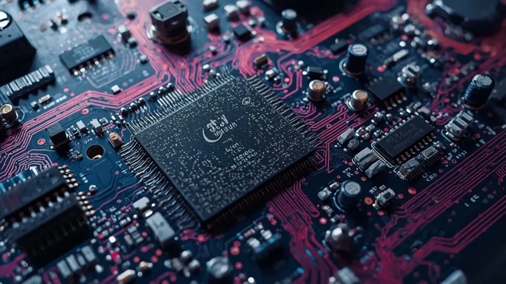 High-definition close-up of a high-density HDI PCBA with fine-pitch chips and micro components assembled by Shenzhen Hongda Circuit Technology