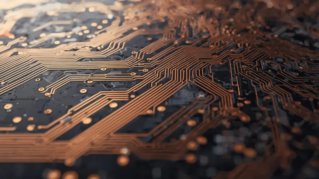 Macro photograph of a high-frequency RF aerospace PCB featuring precision copper trace geometry and controlled impedance microstrip lines on low-loss laminate