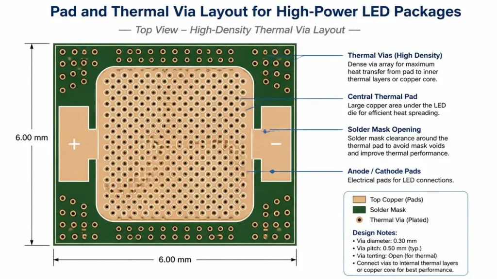 A top view engineering layout diagram illustrating optimal pad and thermal via layout for high-power LED packages on an aluminum pcb for LED lighting, with detailed notes on via diameter and pitch.