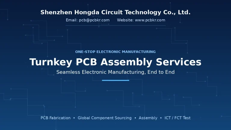 Full turnkey PCB assembly services banner by Shenzhen Hongda Circuit Technology, covering fabrication, component sourcing, and assembly.
