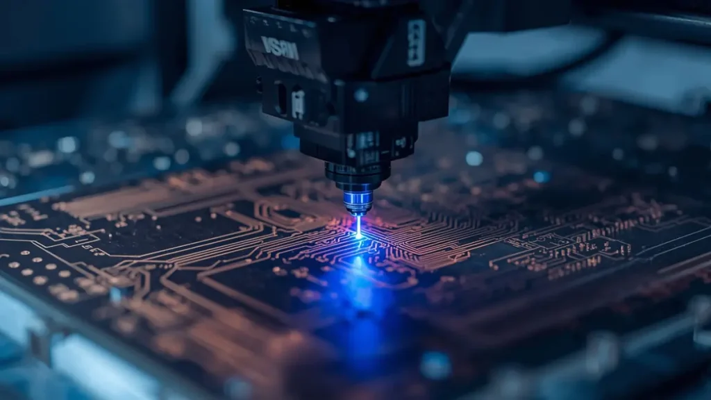 Laser Direct Imaging machine precisely scanning circuit patterns onto a copper layer, demonstrating how is an aluminum PCB made in a 2026 factory.