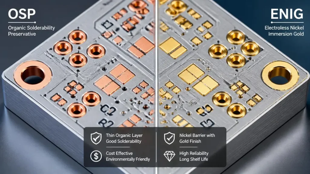 A side-by-side macro comparison of OSP and ENIG surface finishes on a metal core board, showing how is an aluminum PCB made with different pad coatings.