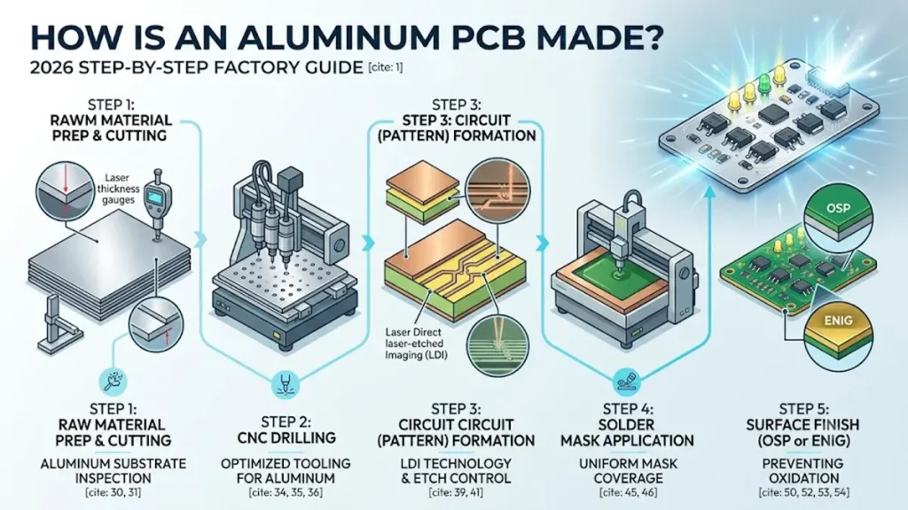 How is an aluminum PCB made, step-by-step aluminum PCB manufacturing factory infographic
