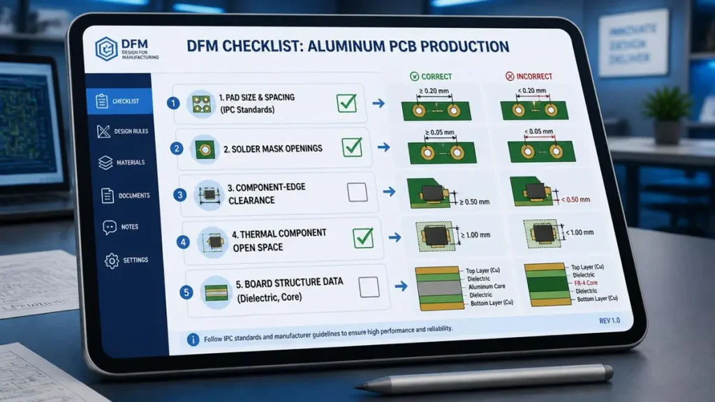 A digital DFM checklist on a tablet explaining how to solder aluminum pcb reliably by verifying design rules. It showcases correct and incorrect schematic examples for pad size, solder mask openings, component clearance, thermal open space, and MCPCB layer structures to prevent assembly defects.
