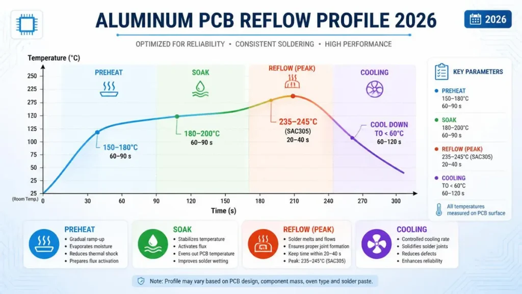 A comprehensive guide on how to solder aluminum pcb featuring the recommended 2026 reflow profile infographic. The chart illustrates the specific temperature curve zones: preheat (150-180°C), soak (180-200°C), reflow peak (235-245°C for SAC305), and cooling phase with detailed duration targets to prevent cold solder joints in MCPCB manufacturing.