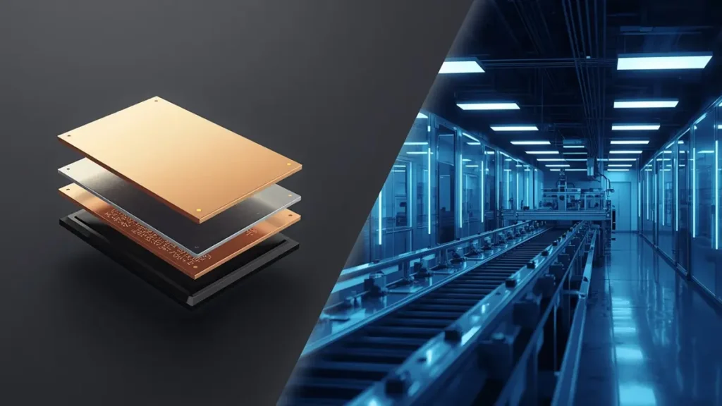 3D cross-section diagram showing ENIG immersion gold PCB layer structure: copper substrate, electroless nickel barrier, and yellow gold finish next to an automated plating line.