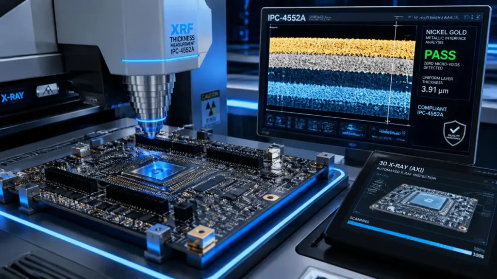 High-tech PCB quality inspection scene showing an AI server board under XRF thickness measurement and 3D X-Ray AXI scanner compliant with IPC-4552A standard for zero micro-voids.