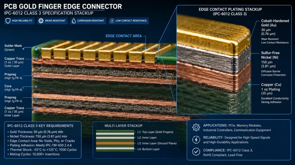 IPC-6012 Class 3 Gold Finger PCB Edge Connector Plating Stackup Diagram showing 30 uin hard gold over 150 uin nickel layer
