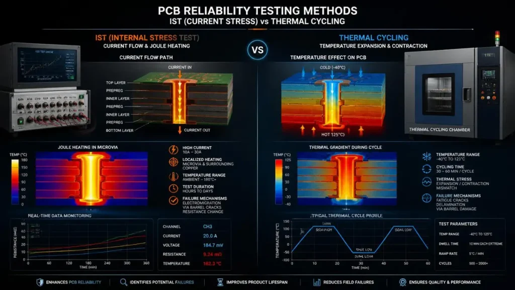 Infographic comparing IST testing and thermal cycling test methods for HDI PCB blind via reliability