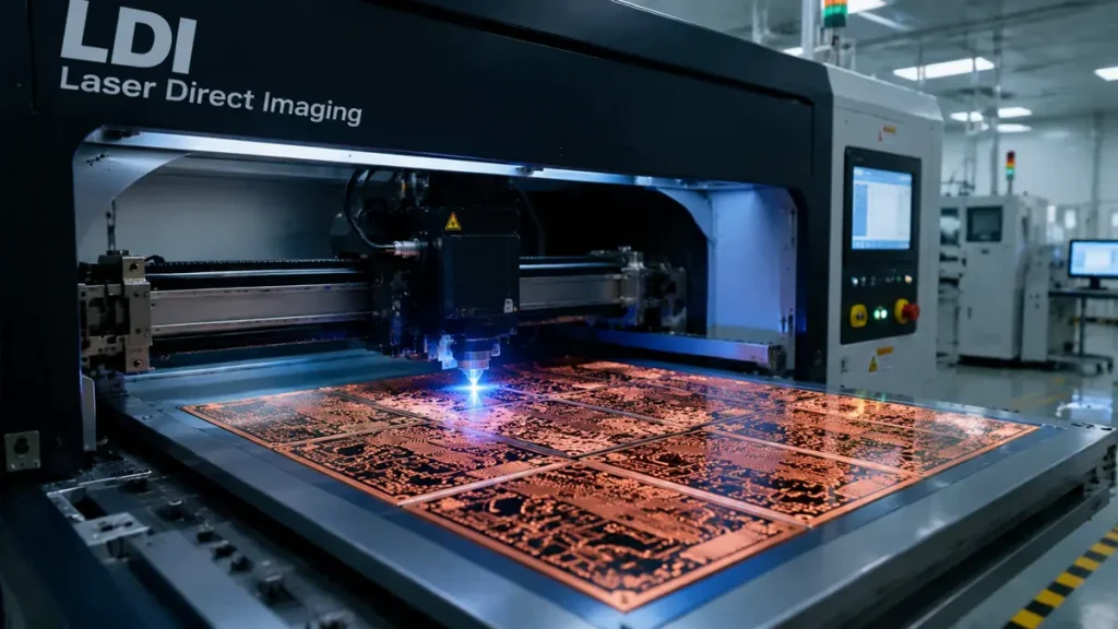 Advanced Laser Direct Imaging LDI machine processing copper base PCB panels in Hongda Circuit factory