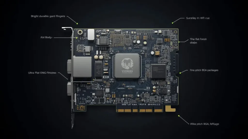 Top-down technical diagram of a high-performance AI accelerator card illustrating selective surface finish technology: durable hard gold plated edge connector fingers paired with ultra-flat ENIG body finish for fine-pitch BGA components.