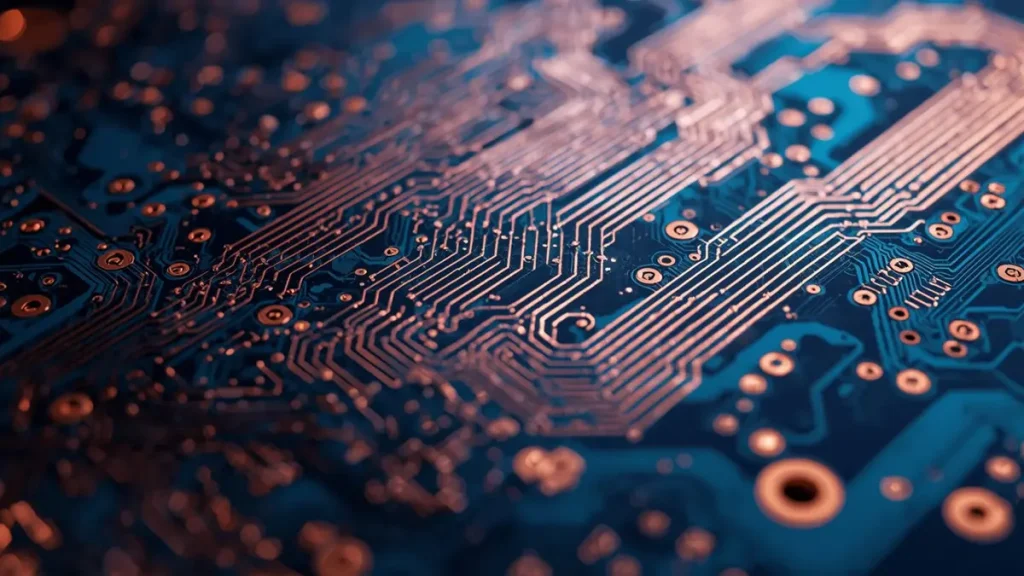 Macro photography of thick copper layers on a heavy copper aluminum PCB for high-power supply electronics.